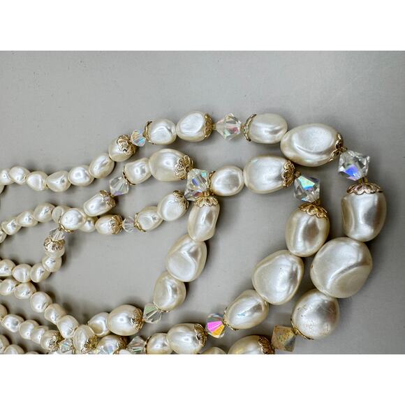 Vintage Japan 3 Strand Faux Pearl Aurora Borealis Crystal Necklace - Picture 4 of 8